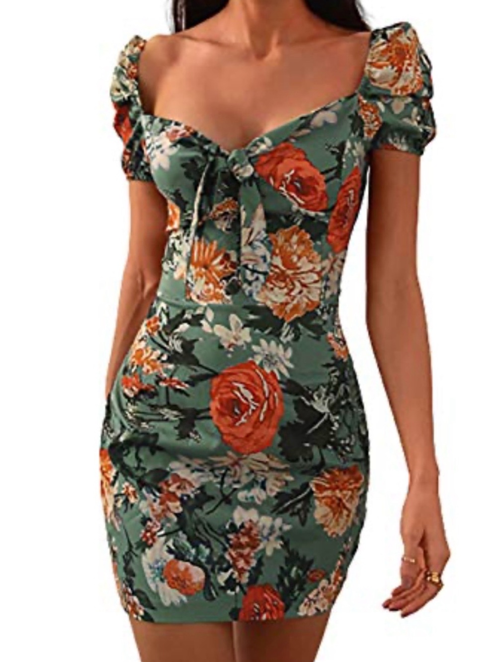Floral Tie-Front Mini Dress in Green and Orange